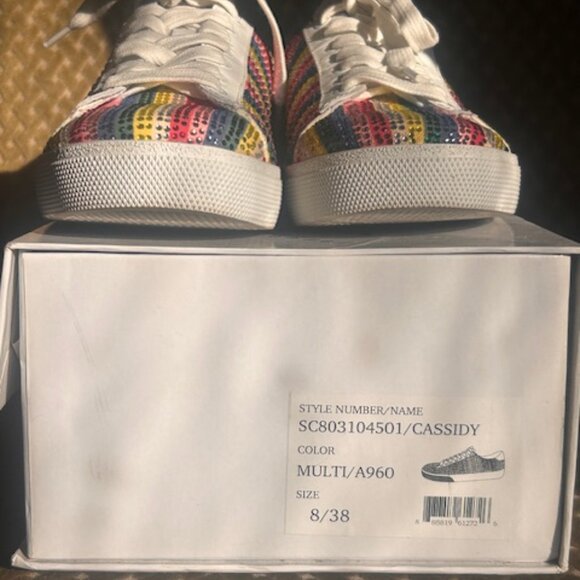 Alice and Olivia Cassidy Rainbow Stripe Sequin Leather Lace Up Sneakers Sneakers - Picture 4 of 16
